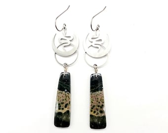 Ocean Jasper and Silver Serpent Earrings // Stainless Steel Ear Wires // Hand Drilled and Wrapped // Stone Earrings