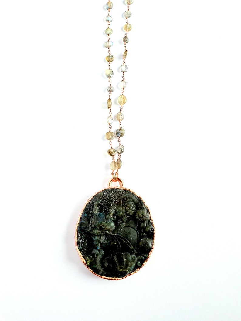 Carved Labradorite Dragon Necklace Electroformed Jewelry Faceted Labradorite Beaded Chain Metaphysical Jewelry