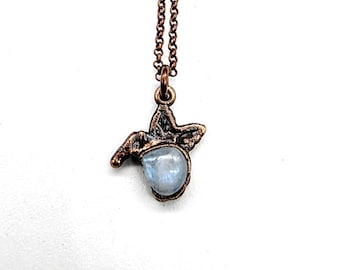 Rainbow Moonstone Hummingbird Necklace // Electroformed Jewelry // Soldered Copper Chain