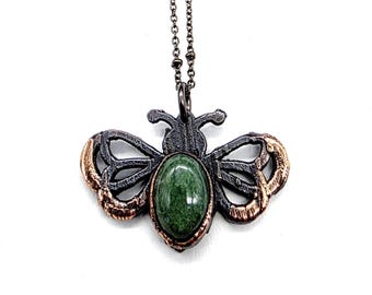 Moss Agate Bee Necklace // Electroformed Jewelry // Soldered Copper Chain // Natural Stone, Metaphysical Jewelry