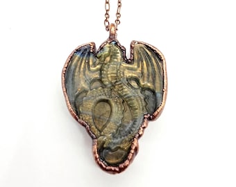 Carved Labradorite Dragon Necklace // Electroformed Jewelry // Soldered Copper Chain // Metaphysical Jewelry