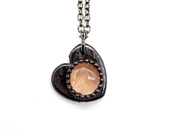 Rose Quartz Heart Necklace // Electroformed Jewelry // Soldered Gunmetal Chain // Crystal Necklace // Love