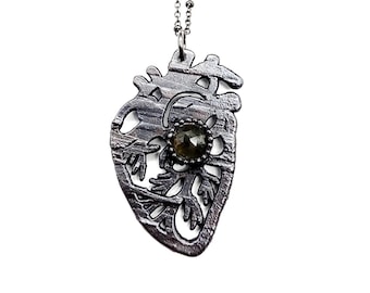 Faceted Emerald Anatomical Heart Necklace // Electroformed Jewelry // Soldered Gunmetal Chain