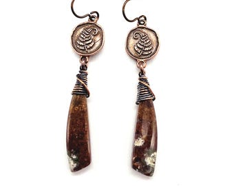 Moss Agate and Copper Fern Earrings // Copper Ear Wires
