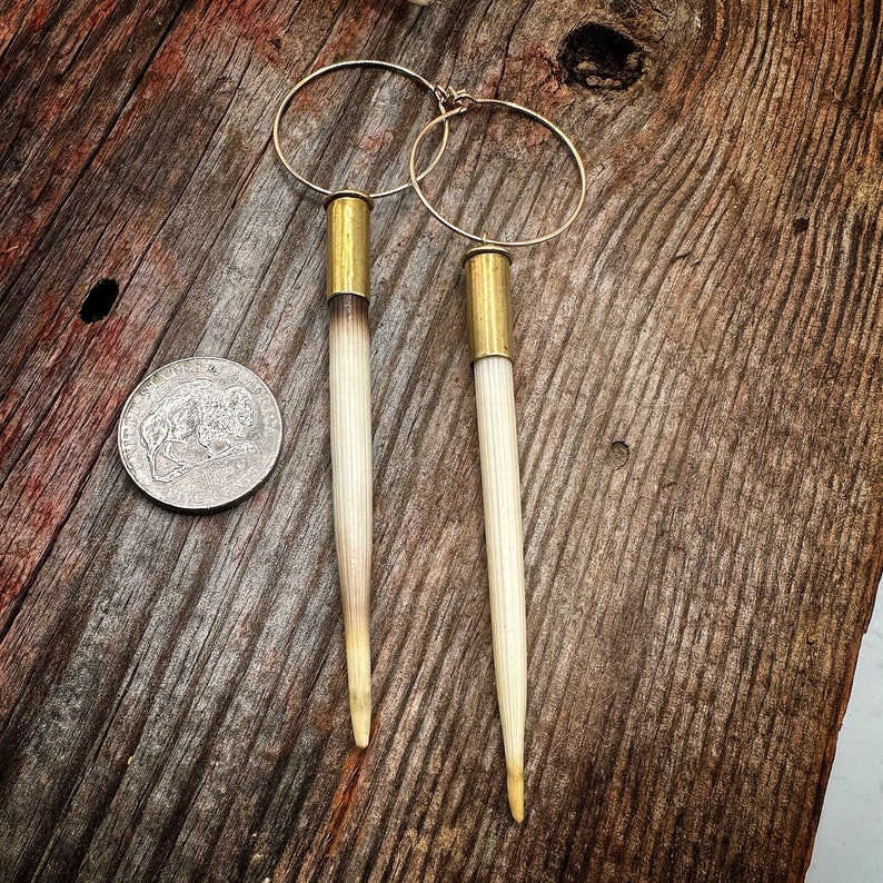 African Porcupine Quill & Spent Brass Bullet Casing Earrings // Yellowstone, Beth Dutton Quill Earrings // Silver and Brass Hoops image 6