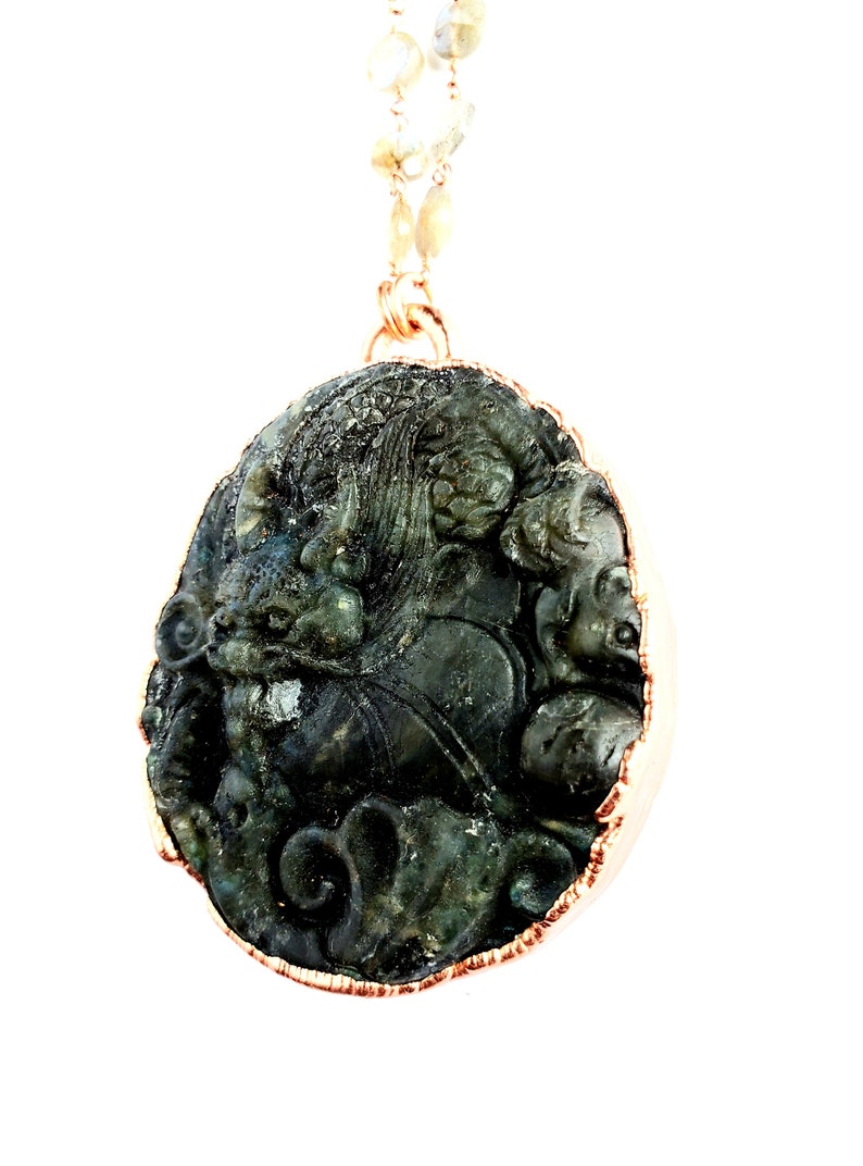 Carved Labradorite Dragon Necklace Electroformed Jewelry Faceted Labradorite Beaded Chain Metaphysical Jewelry