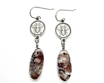 Crazy Lace Agate Silver Bee Earrings // Stainless Steel Ear Wires