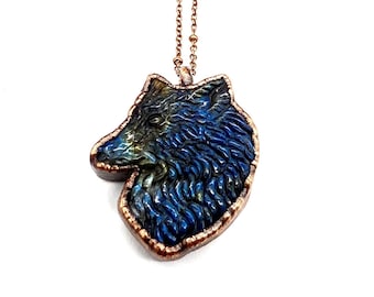 Carved Labradorite Wolf Necklace // Electroformed Jewelry // Soldered Copper Chain // Metaphysical Jewelry