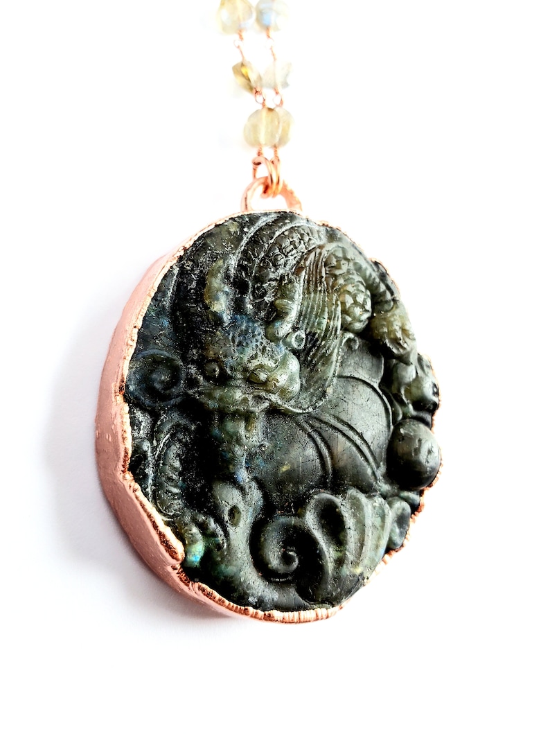 Carved Labradorite Dragon Necklace Electroformed Jewelry Faceted Labradorite Beaded Chain Metaphysical Jewelry
