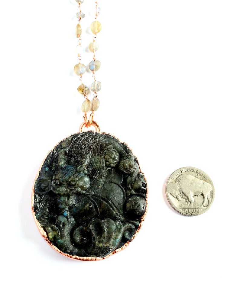 Carved Labradorite Dragon Necklace Electroformed Jewelry Faceted Labradorite Beaded Chain Metaphysical Jewelry