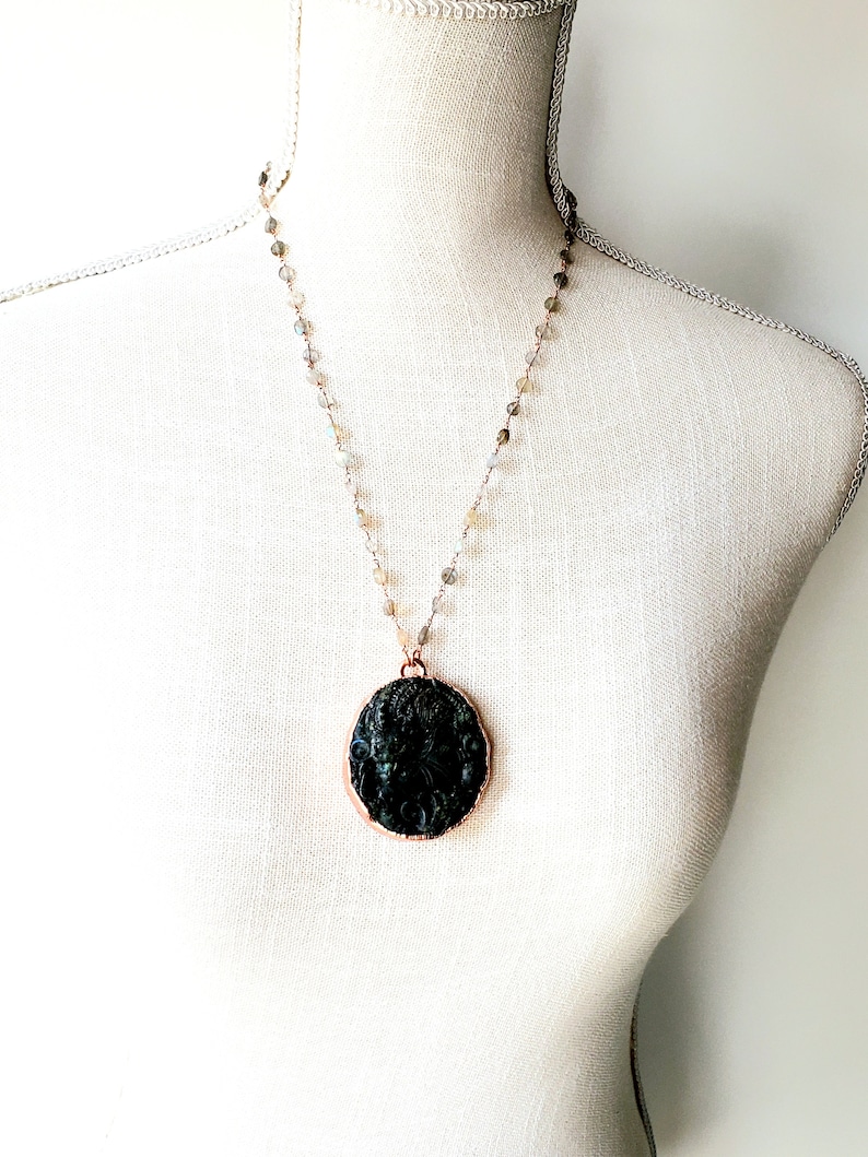 Carved Labradorite Dragon Necklace Electroformed Jewelry Faceted Labradorite Beaded Chain Metaphysical Jewelry