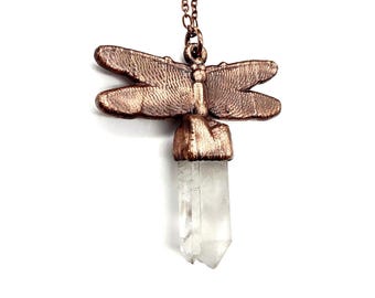 Clear Quartz Crystal Dragonfly Necklace // Electroformed Jewelry // Soldered Copper Chain, Crystal Point