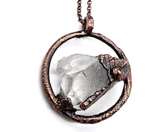 Clear Quartz Crystal Halo Necklace // Electroformed Jewelry // Soldered Copper Chain
