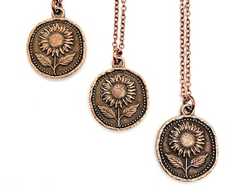 Antique Copper Sunflower Necklace // Soldered Copper Chain