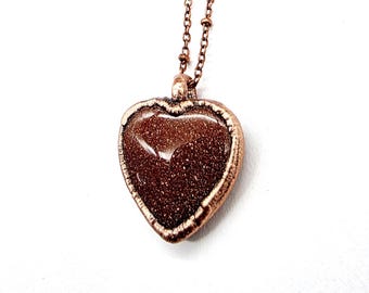 Goldstone Heart Necklace // Electroformed Jewelry // Soldered Copper Chain
