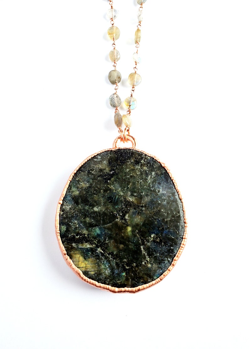 Carved Labradorite Dragon Necklace Electroformed Jewelry Faceted Labradorite Beaded Chain Metaphysical Jewelry