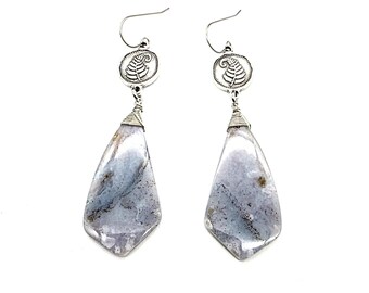 Moss Agate and Silver Fern Earrings // Stainless Steel Ear Wires