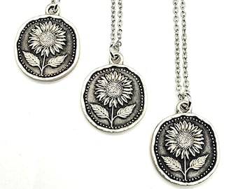 Antique Silver Sunflower Necklace // Stainless Steel Chain