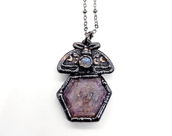Raw Ruby and Blue Moonstone Moon Phase Moth Necklace // Electroformed Jewelry // Soldered Gunmetal Chain