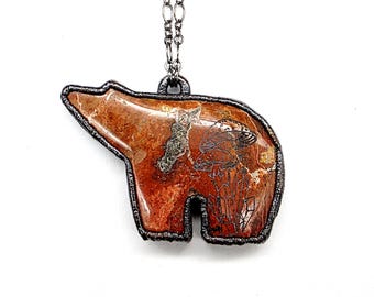 Red Jasper Bear with Etched Mushrooms Necklace // Electroformed Jewelry // Soldered Gunmetal Chain // Love