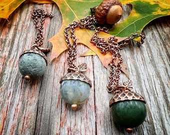 Moss Agate Acorn Necklace // Fall Jewelry, Copper Chain, Nature, Gemstone Necklace
