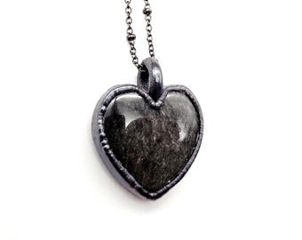 Silver Sheen Obsidian Heart Necklace //  Electroformed Jewelry // Soldered Gunmetal Chain