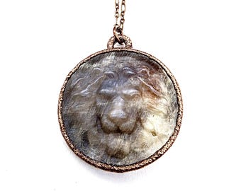 Carved Sunstone Moonstone Lion Necklace // Electroformed Jewelry // Soldered Copper Chain