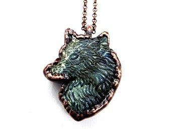 Carved Labradorite Wolf Necklace // Electroformed Jewelry // Soldered Copper Chain // Metaphysical Jewelry