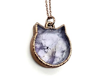 Amethyst Crystal Cat Necklace // Electroformed Jewelry // Soldered Copper Chain // Metaphysical Jewelry, Crystal Jewelry, Crazy Cat Lady