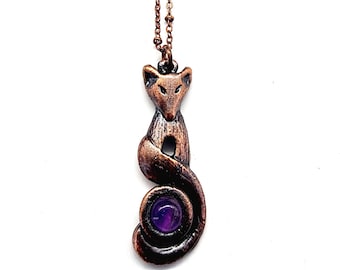 Amethyst Fox Necklace // Electroformed Jewelry // Soldered Copper Chain // Raw Crystal