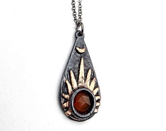 Faceted Carnelian Sunburst Necklace // Electroformed Jewelry // Soldered Gunmetal Chain