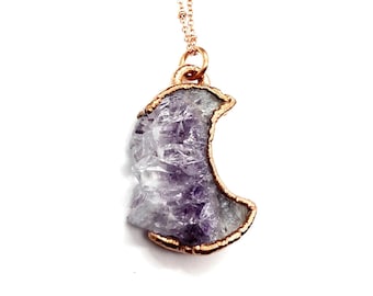 Amethyst Druzy Crescent Moon Necklace // Electroformed Jewelry // Soldered Copper Chain