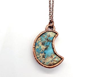 Petite Imperial Jasper Moon Necklace // Electroformed Jewelry // Soldered Copper Chain