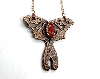 Red Jasper Luna Moth Necklace // Electroformed Jewelry // Soldered Copper Chain