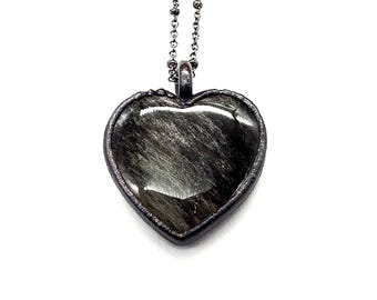 Silver Sheen Obsidian Heart Necklace //  Electroformed Jewelry // Soldered Gunmetal Chain