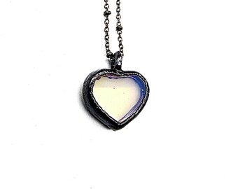 Opalite Heart Necklace // Electroformed Jewelry // Soldered Gunmetal Chain // Love