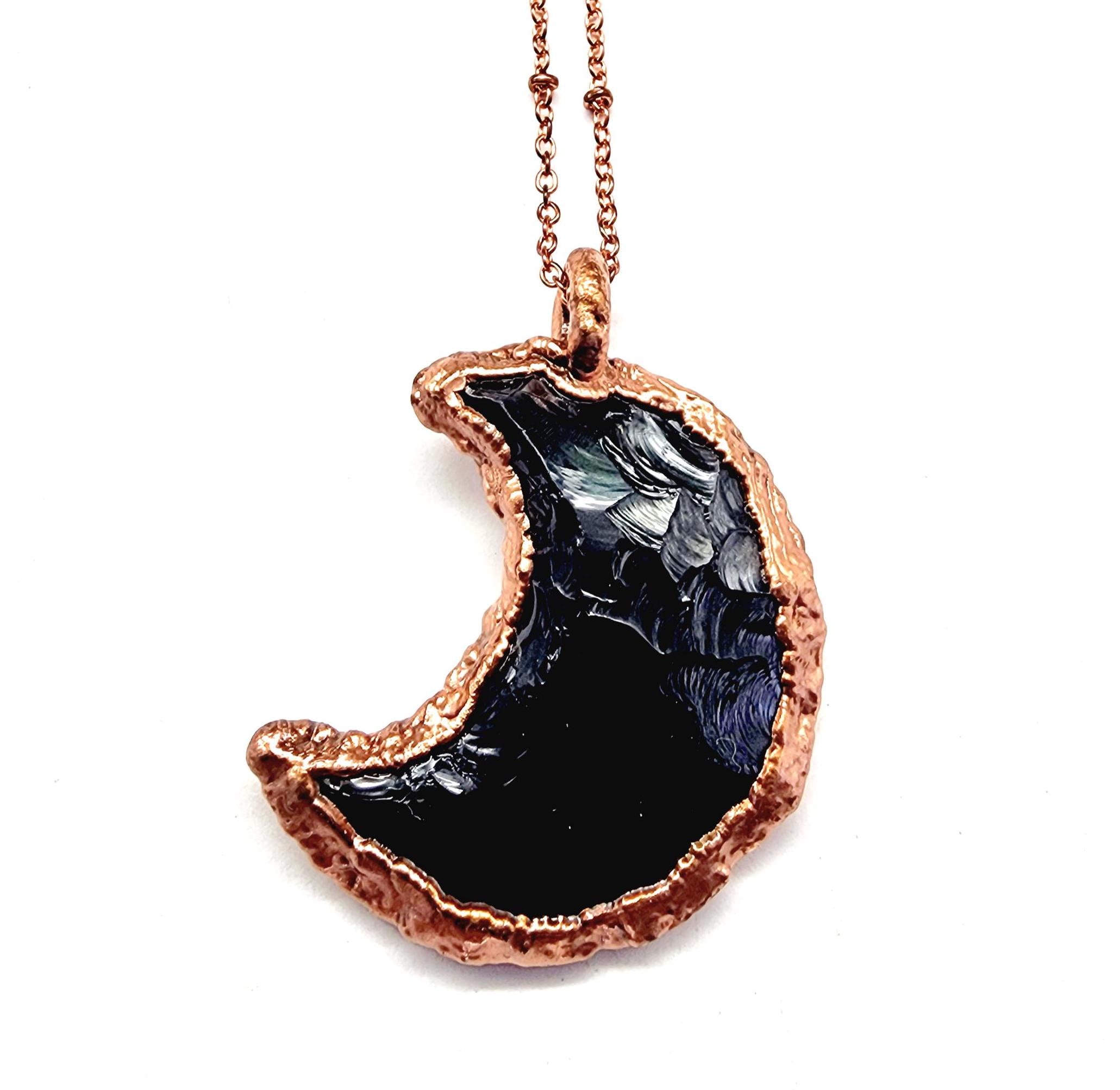 Knapped Obsidian Crescent Moon Necklace // Electroformed Jewelry