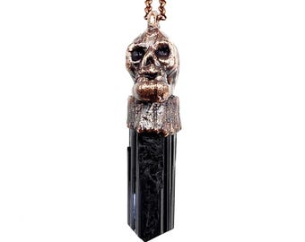 Black Tourmaline Skull Necklace // Electroformed Jewelry // Soldered Chain // Natural Stone Jewelry