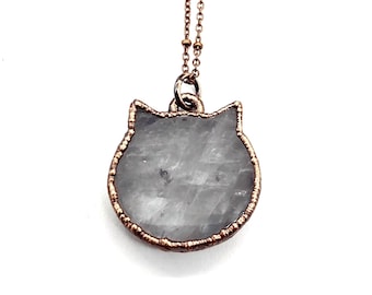 Rose Quartz Crystal Cat Necklace // Electroformed Jewelry // Soldered Copper Chain // Crystal Necklace // Cat Lover