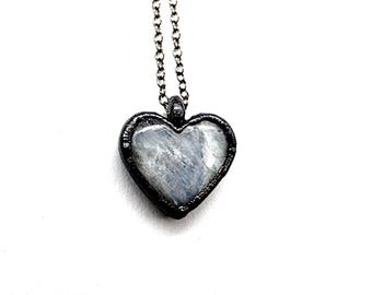 Rainbow Moonstone Heart Necklace // Electroformed Jewelry // Soldered Gunmetal Chain // Metaphysical Jewelry