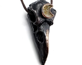 Raven Skull and Citrine Moon Necklace // Electroformed Jewelry // Faux Leather Cord