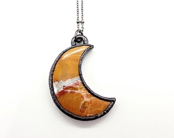 Ocean Jasper Crescent Moon Necklace // Electroformed Jewelry // Soldered Gunmetal Chain // Moon Goddess // Blood Moon