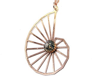 Brass Ammonite and Moss Agate Necklace// Gemstone Jewelry// Soldered Copper Chain