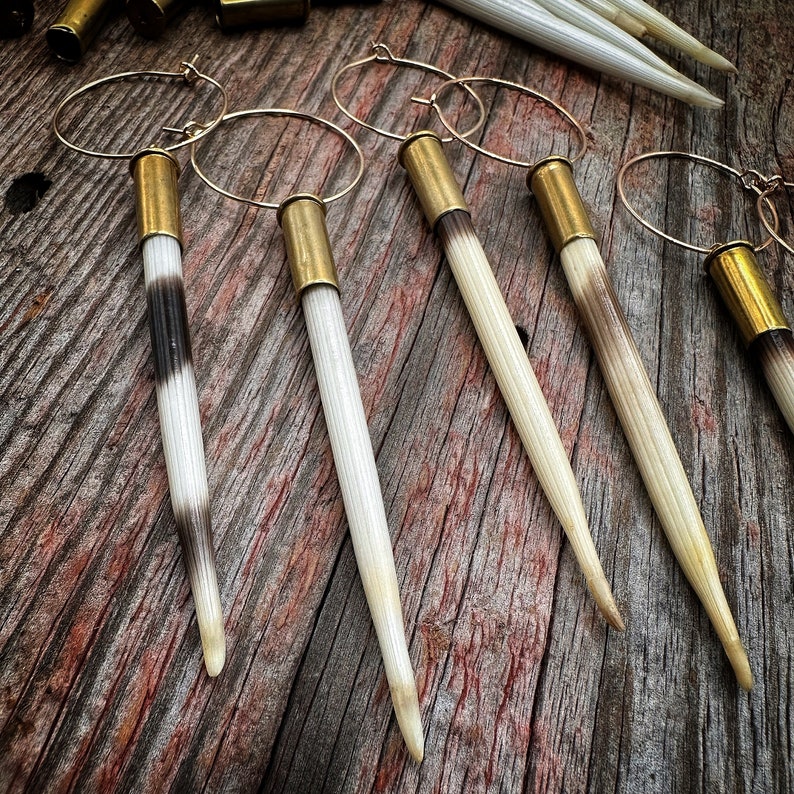 African Porcupine Quill & Spent Brass Bullet Casing Earrings // Yellowstone, Beth Dutton Quill Earrings // Silver and Brass Hoops image 3