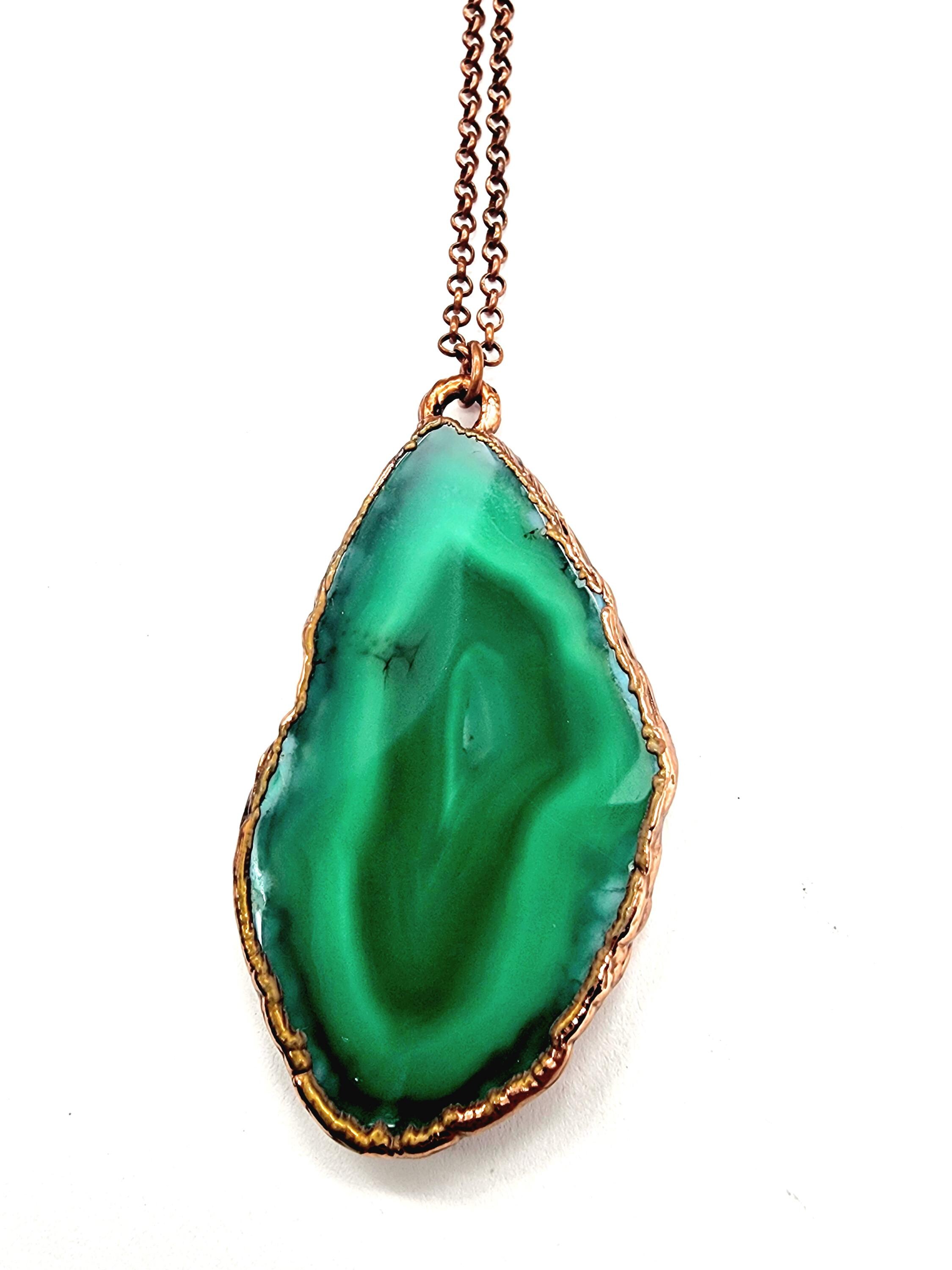 e グリーンアゲートペンダント.ネックレス グリーンアゲートネックレス // 電気鋳造ジュエリー // はんだ付け銅