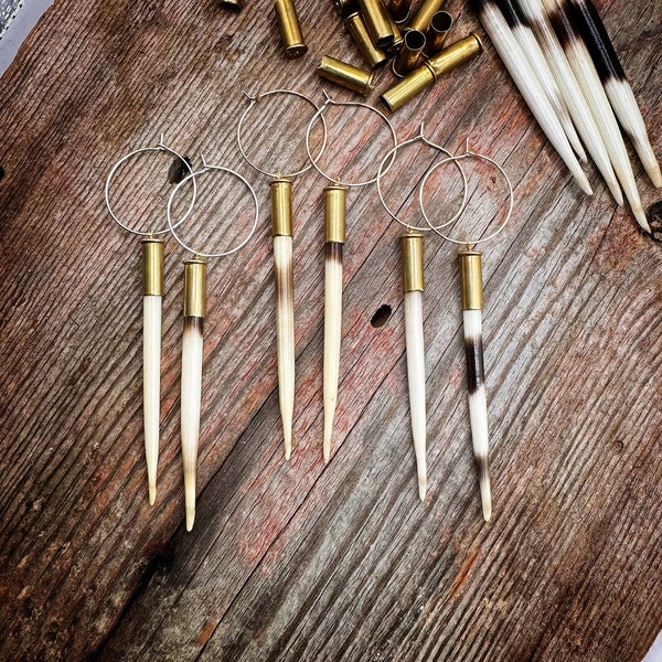 African Porcupine Quill & Spent Brass Bullet Casing Earrings // Yellowstone, Beth Dutton Quill Earrings // Silver and Brass Hoops