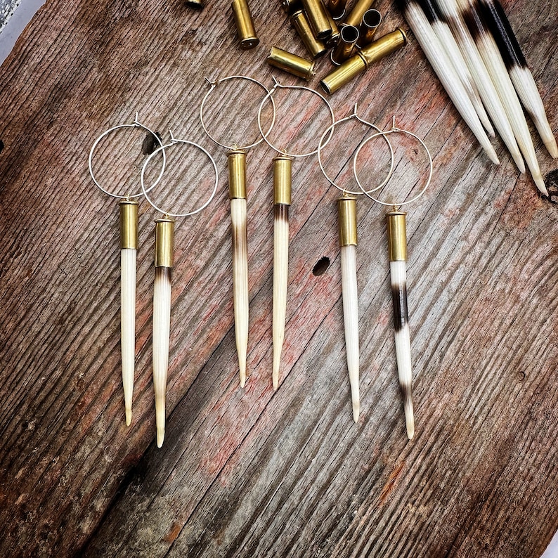 African Porcupine Quill & Spent Brass Bullet Casing Earrings // Yellowstone, Beth Dutton Quill Earrings // Silver and Brass Hoops image 1