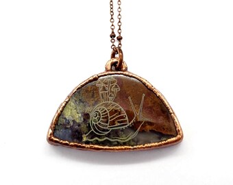 Moss Agate Snail Necklace // Electroformed Jewelry // Soldered Copper Chain // Metaphysical Jewelry // Laser Etched
