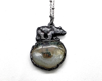 Solar Quartz Black Bear Necklace // Electroformed Jewelry // Soldered Gunmetal Chain