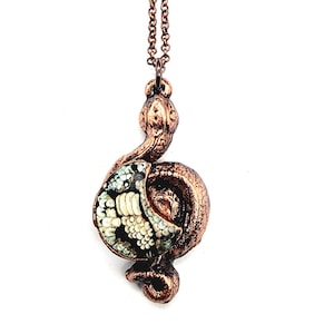 Snakeskin Agate Crescent Moon Snake Necklace // Electroformed Jewelry // Soldered Copper Chain // Snake Jewelry, Wrasse Fossil